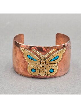 Vintage Mexico Cobre Copper Turquoise Inlay Cuff Bracelet 7" Mixed Metal